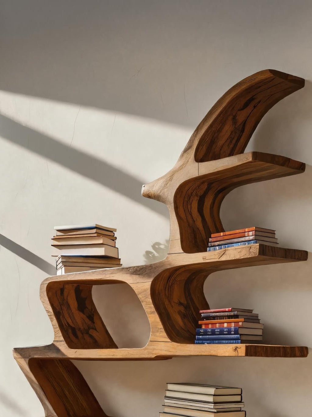 Modern Sculptural Bookshelf with Fluid Shelving for Living Room, solid wood bookcase