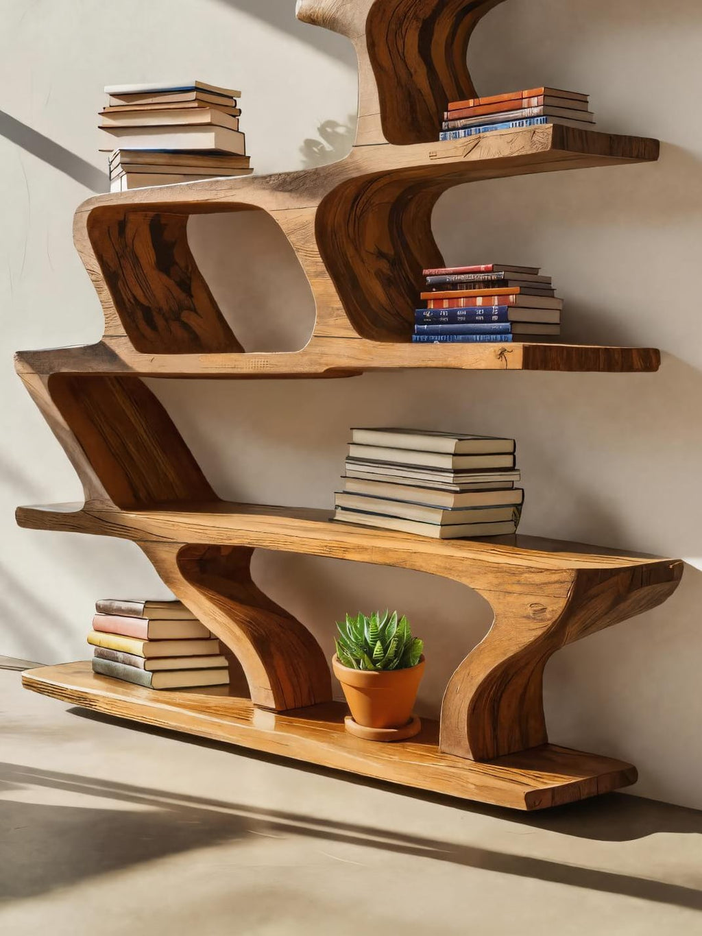 Modern Sculptural Bookshelf with Fluid Shelving for Living Room, solid wood bookcase