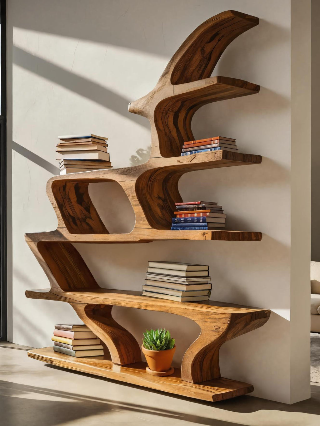 Modern Sculptural Bookshelf with Fluid Shelving for Living Room, solid wood bookcase