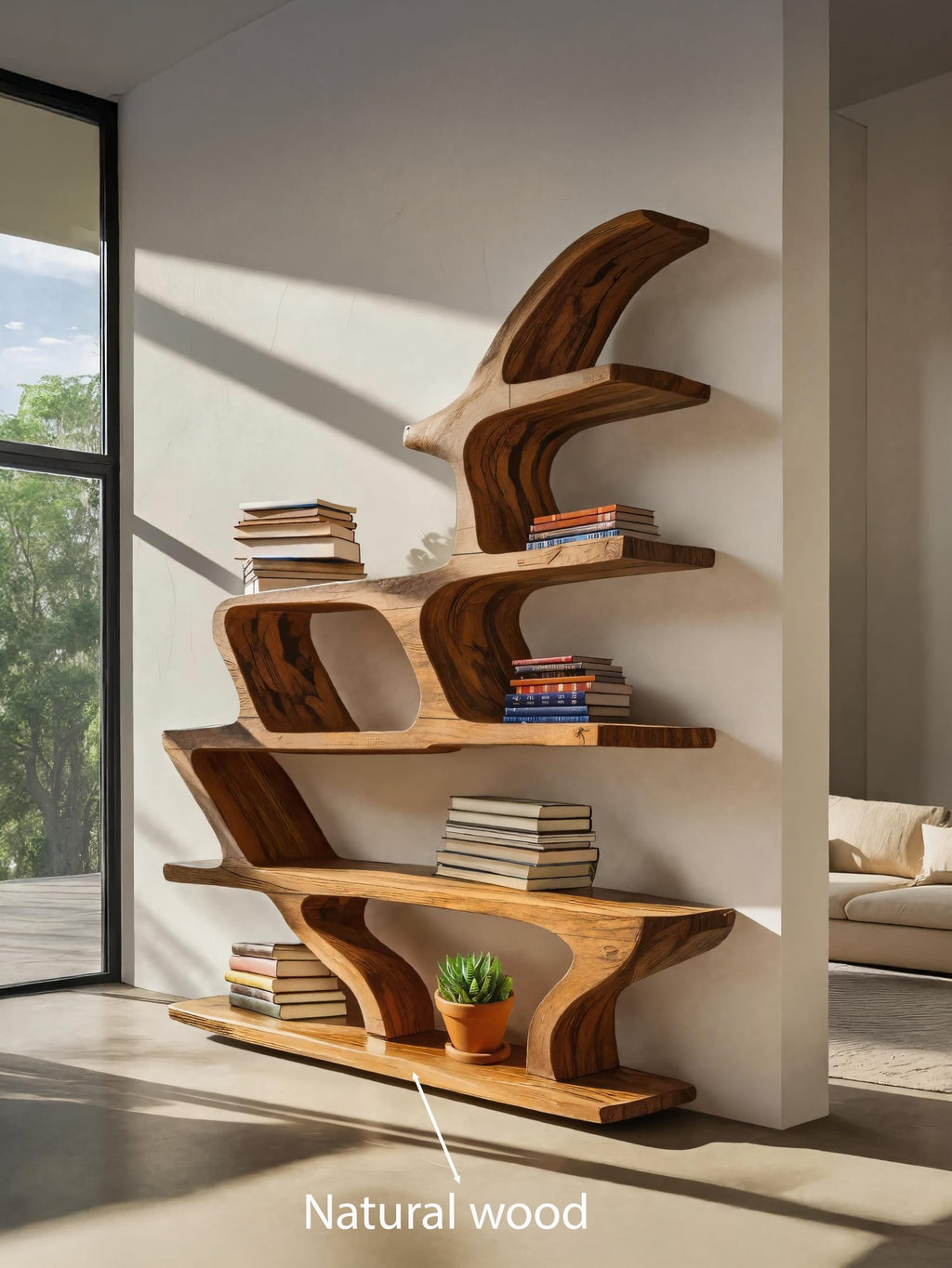 Modern Sculptural Bookshelf with Fluid Shelving for Living Room, solid wood bookcase