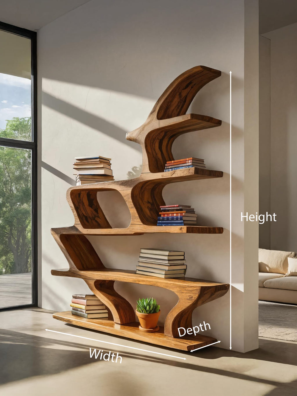Modern Sculptural Bookshelf with Fluid Shelving for Living Room, solid wood bookcase