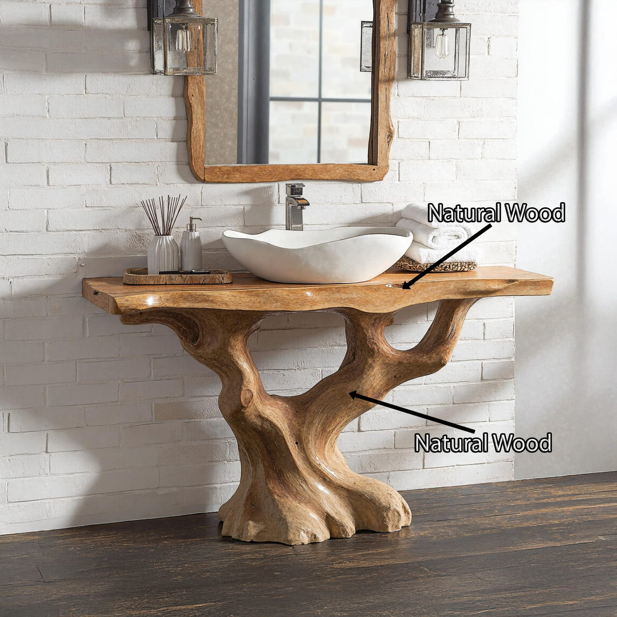 Handcrafted Bathroom Vanity with Tree Trunk Base for Charm, solid wood, built to order