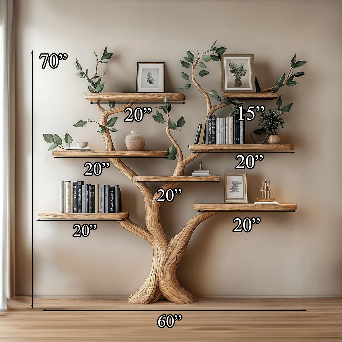 Tree Branch Shelf Fake Leave Solid Bookcase, solid wood, built to order