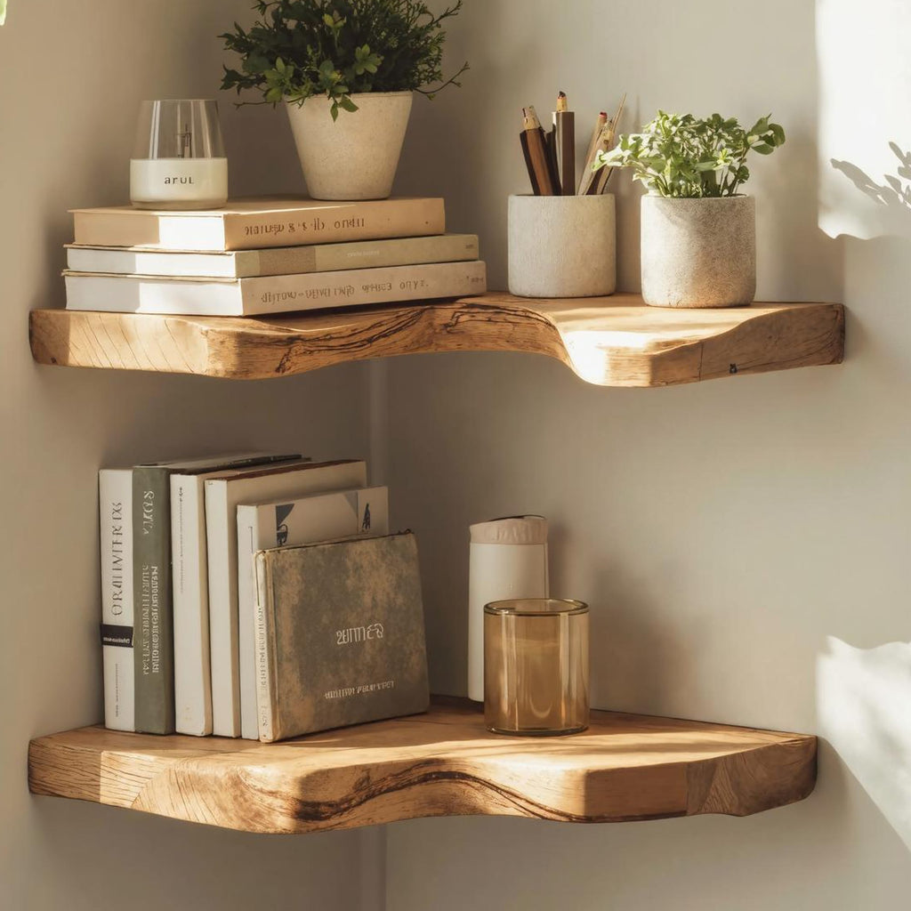 Mid Century Live Edge Corner Shelf, solid wood, built to order
