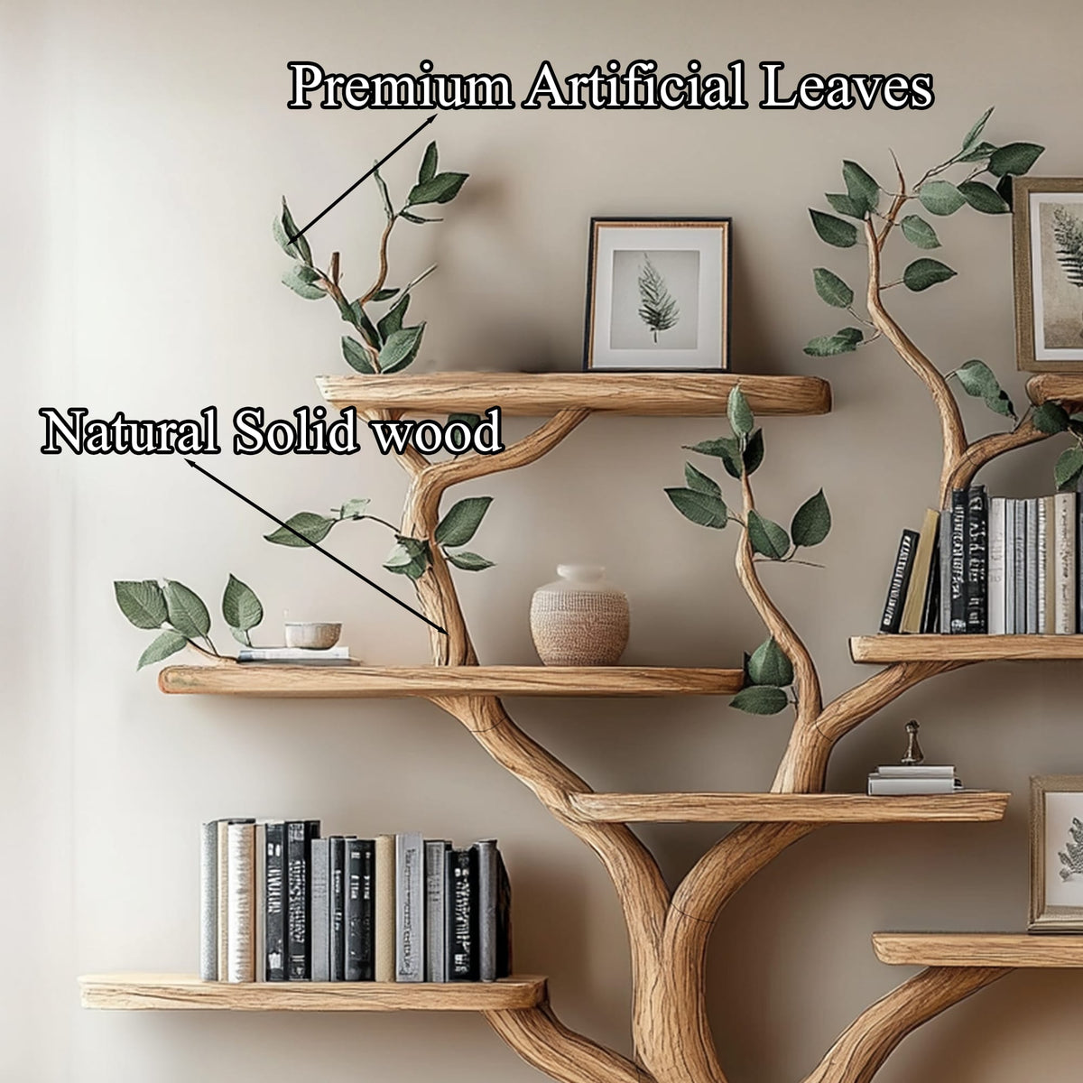 Tree Branch Shelf Fake Leave Solid Bookcase, solid wood, built to order