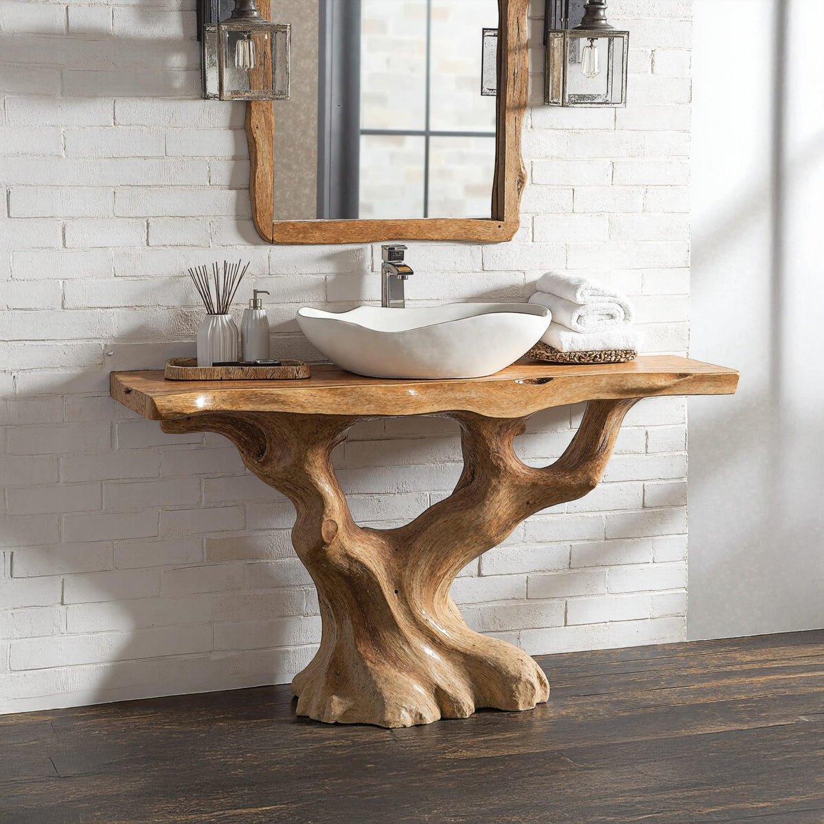 Handcrafted Bathroom Vanity with Tree Trunk Base for Charm, solid wood, built to order