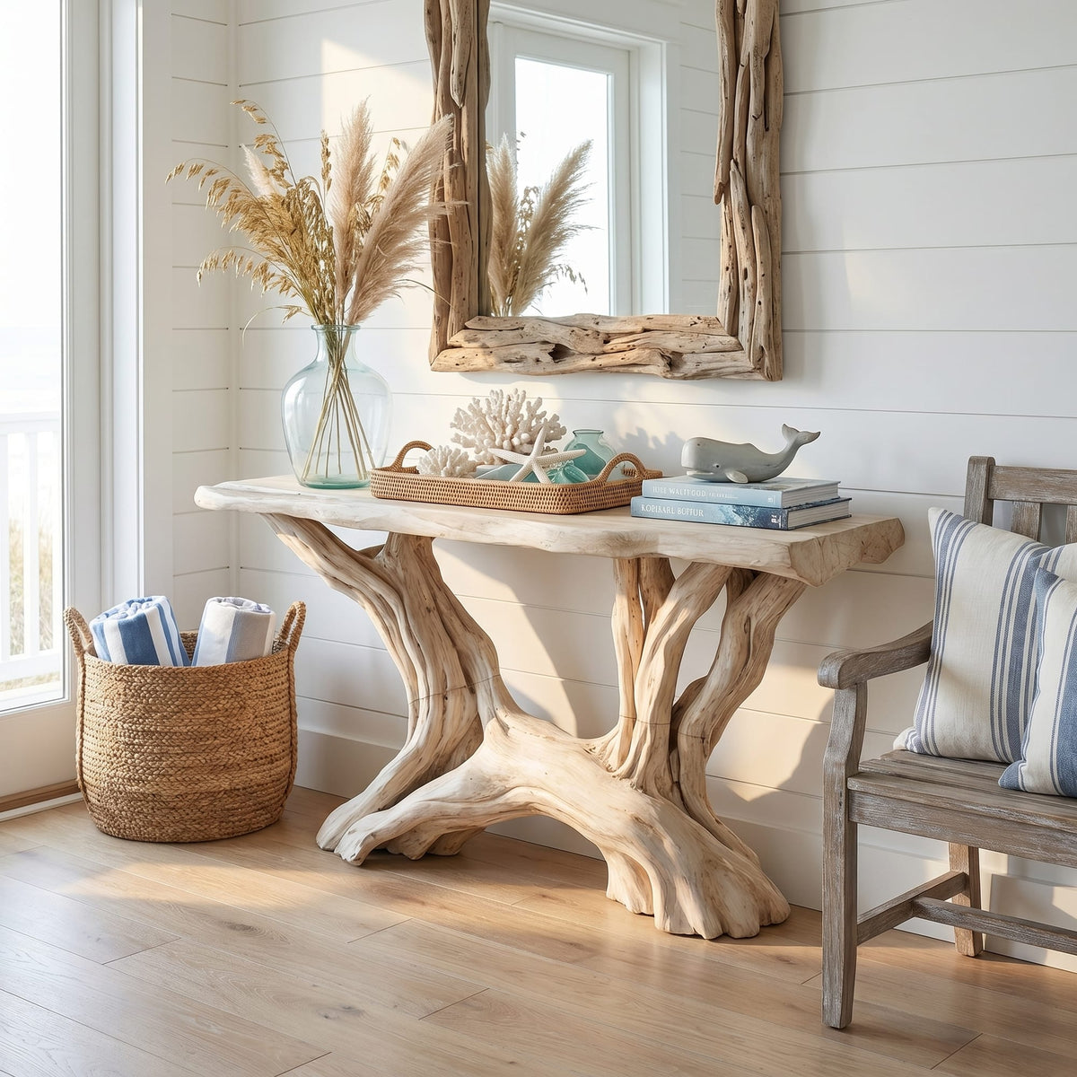 Coastal Organic Console Table Living Room and Entryway, solid wood, built to order