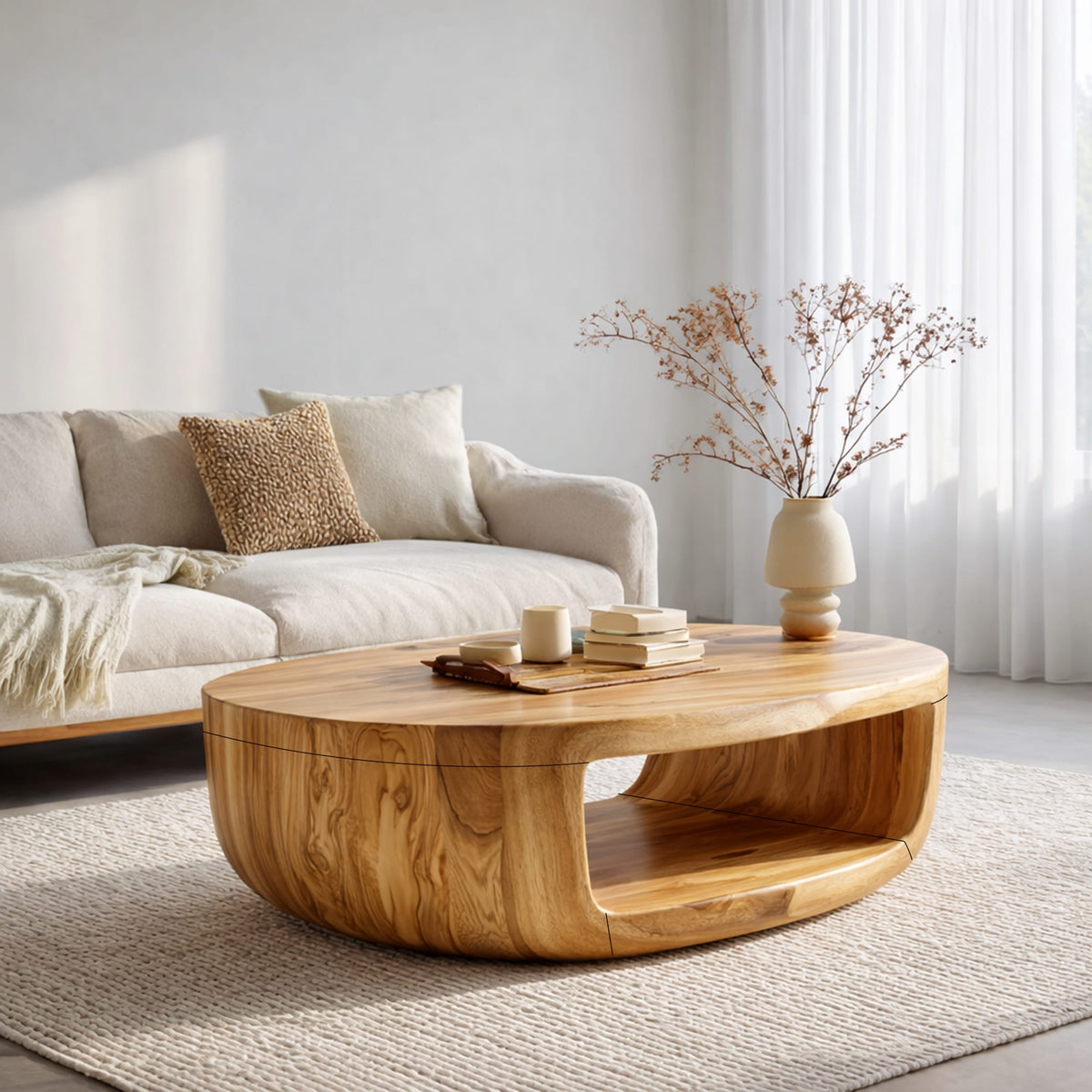 Curved Shell Solid Coffee Table Calm Living Room Interior, solid wood, built to order
