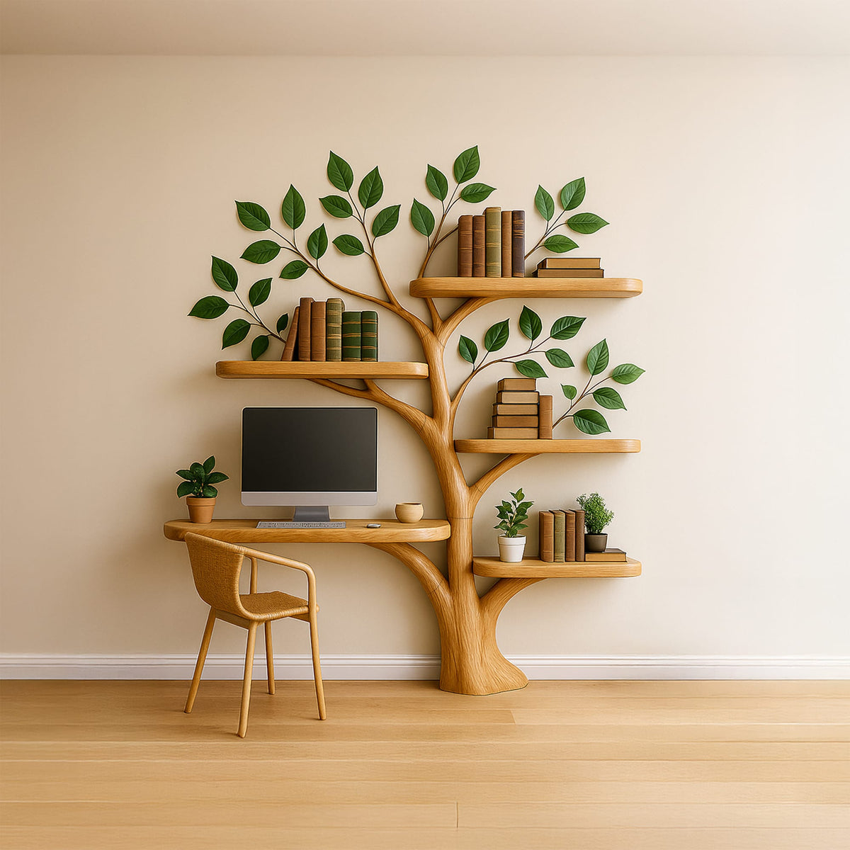 Tree Bookshelf Desk Mid Century Living Bedroom, solid wood, built to order