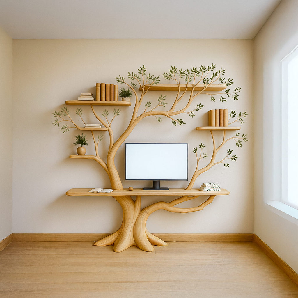 Midcentury Tree Bookshelf Desk Living Bedroom, solid wood, built to order