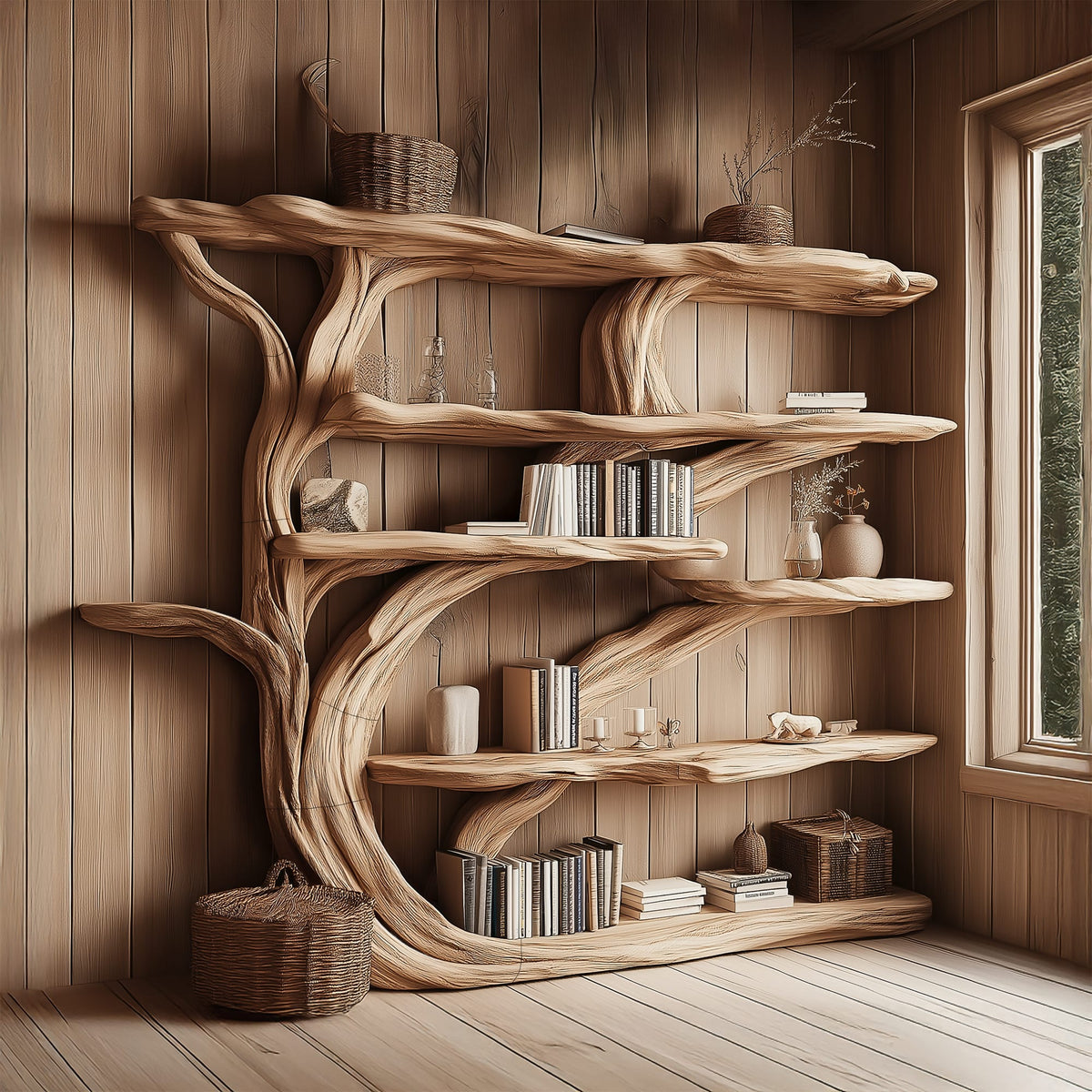 Rustic Book Tree Shelf Bookshelf, solid wood, built to order