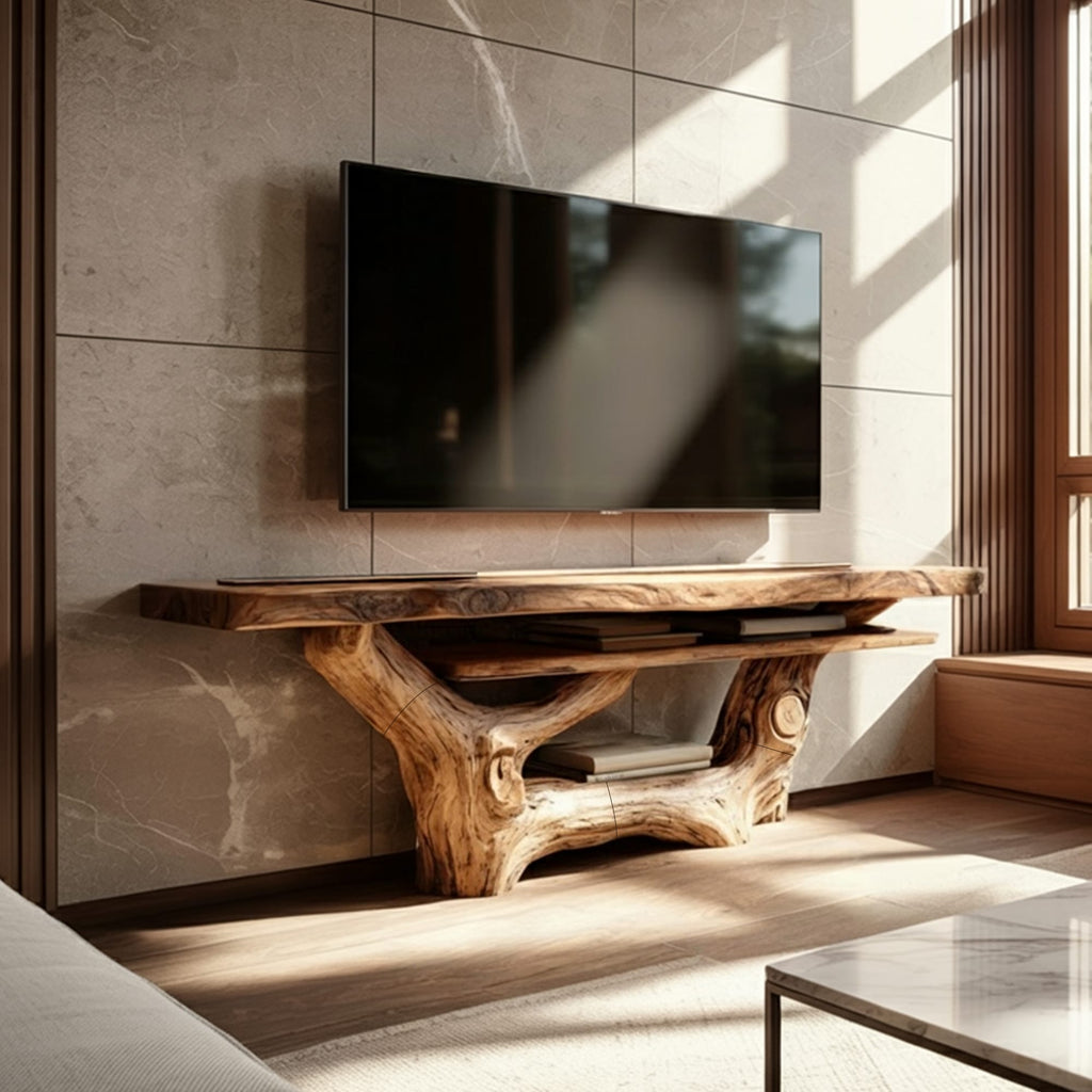 Midcentury TV Console Sculpted Wood Base Living Room Display, solid wood, built to order