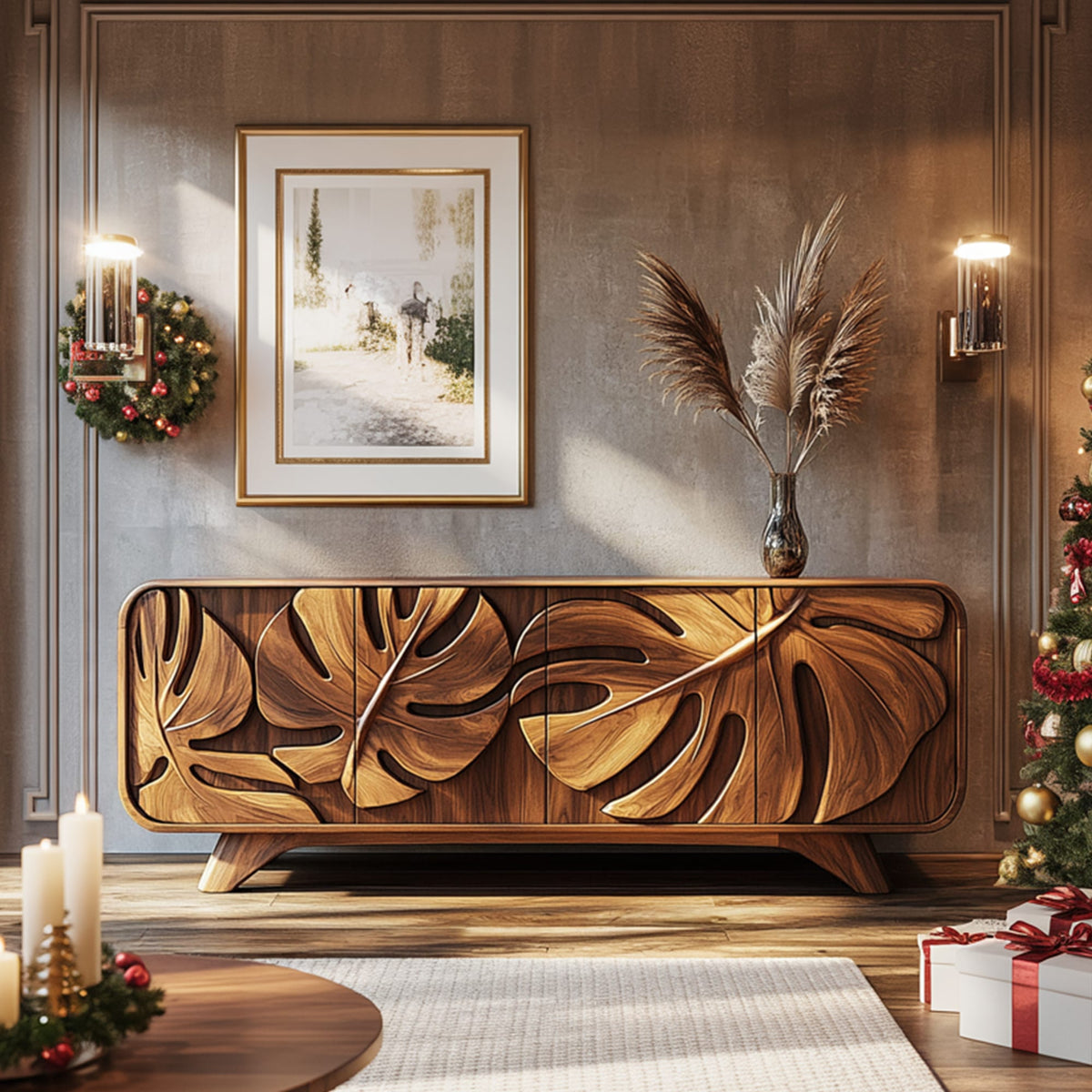 Leaf-carved Storage Sideboard
