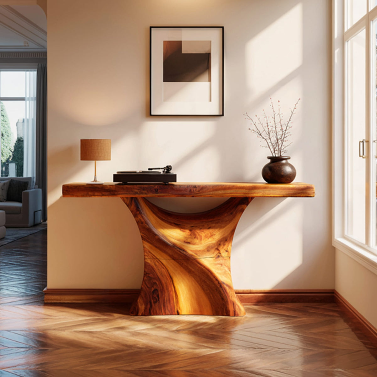 Mid Century Console Table Organic Wood Slab Foyer, solid wood, built to order