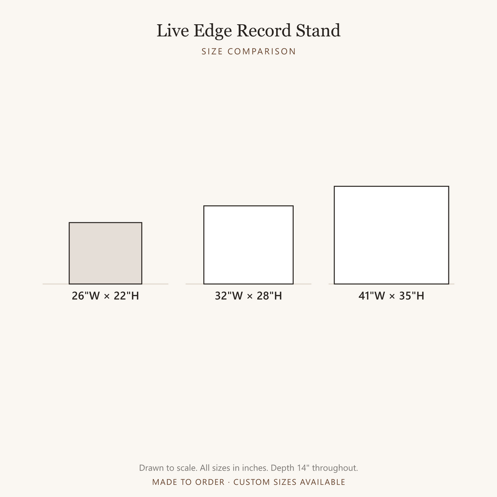 Rounded Cubby Record Stand, size comparison, all available sizes drawn to scale