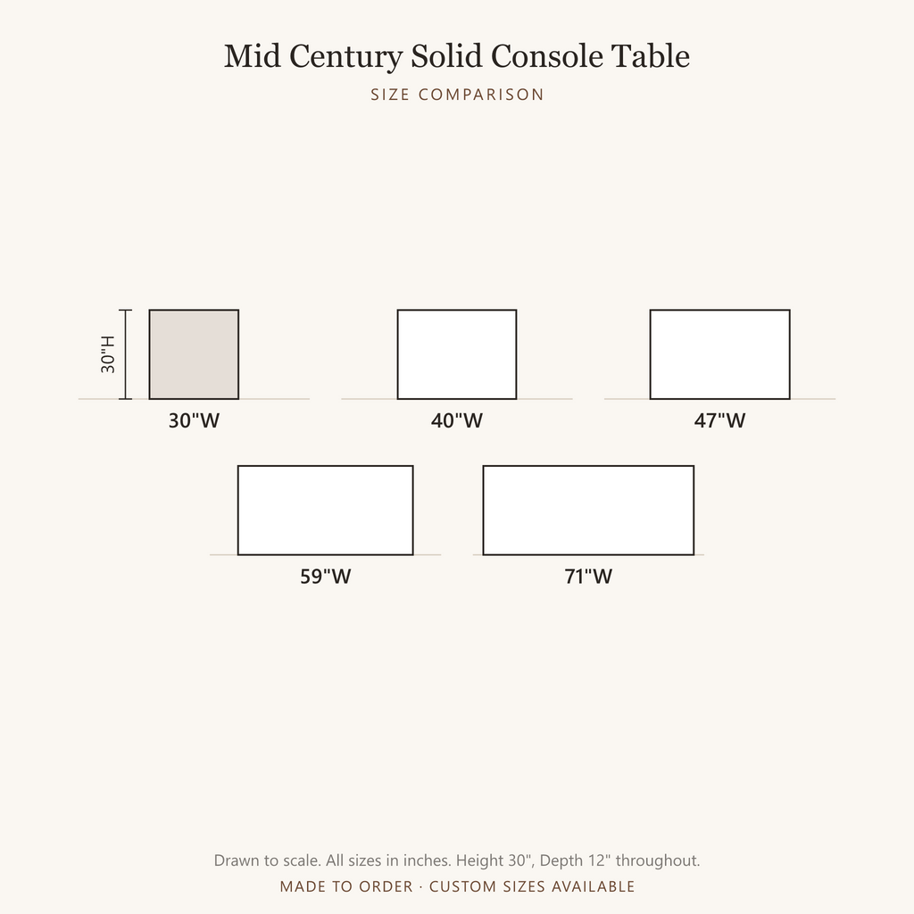 Mid Century Solid Console Table, size comparison, all available sizes drawn to scale