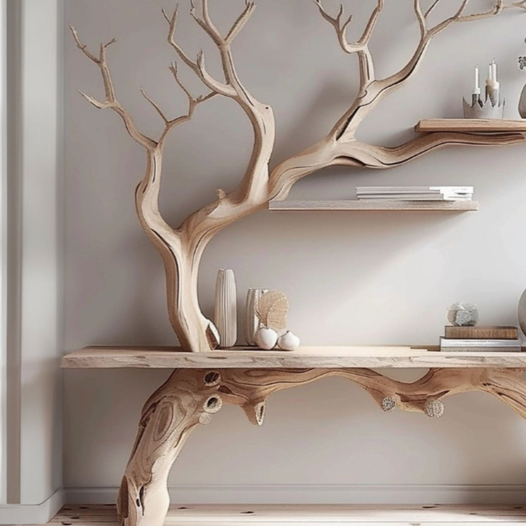 Farmhouse Console Table with Tree Branch Bookshelf, solid wood, built to order
