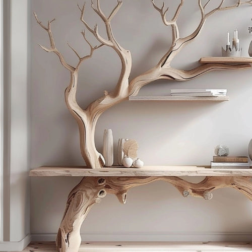 Farmhouse Console Table with Tree Branch Bookshelf, solid wood, built to order