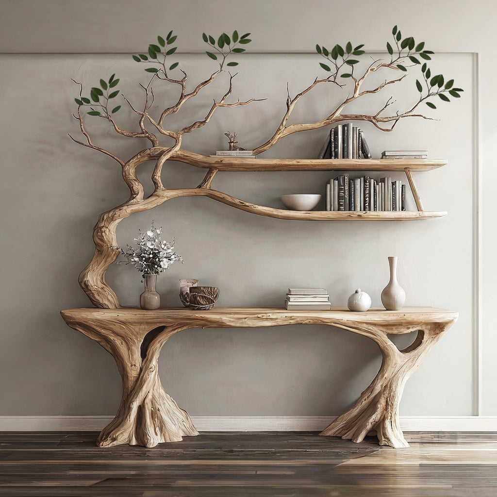 Console Narrow Table with Tree Branch Bookshelf, solid wood, built to order