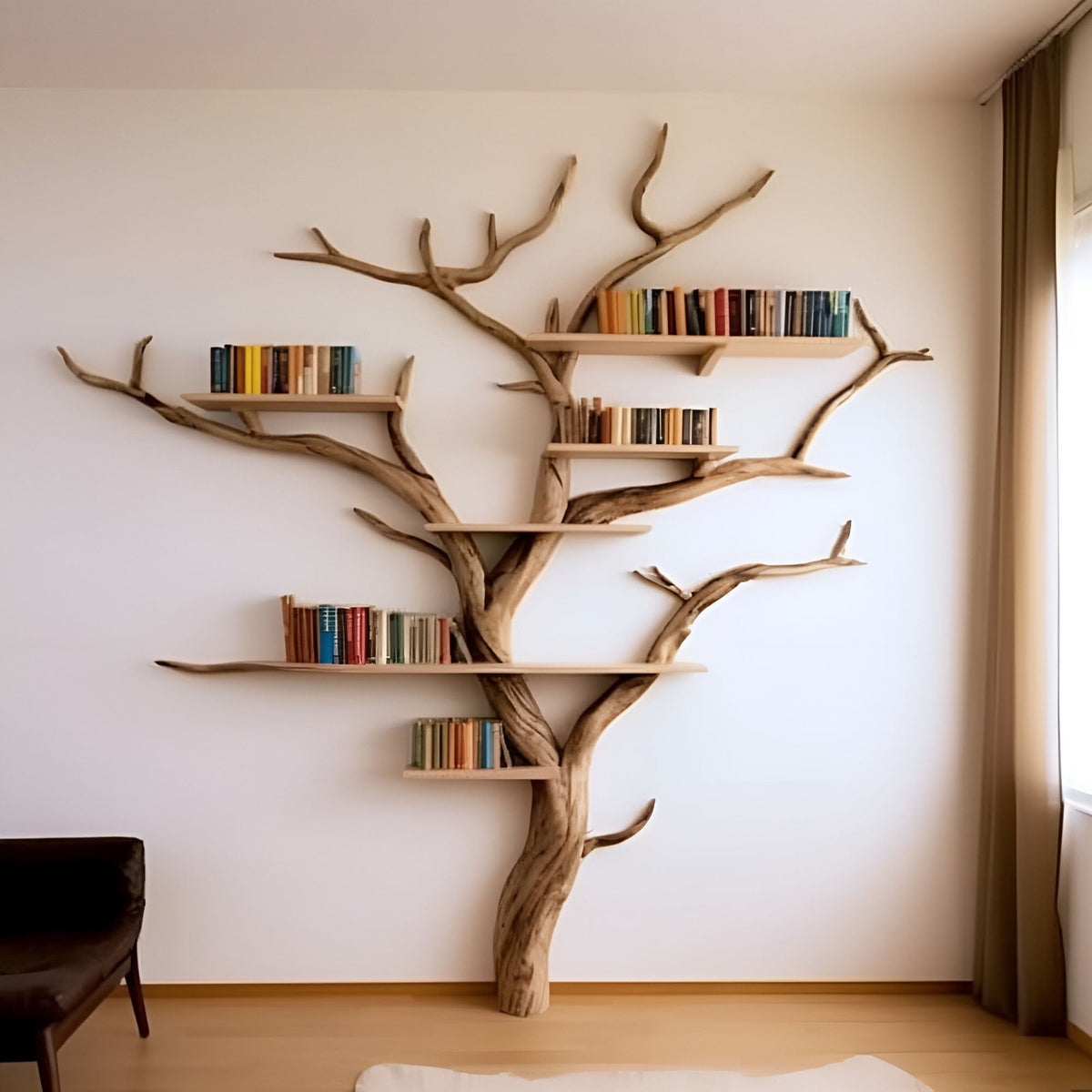 Elegant Wild Mulberry Tree Bookshelf Floating Shelves Live Edge, solid wood, built to order