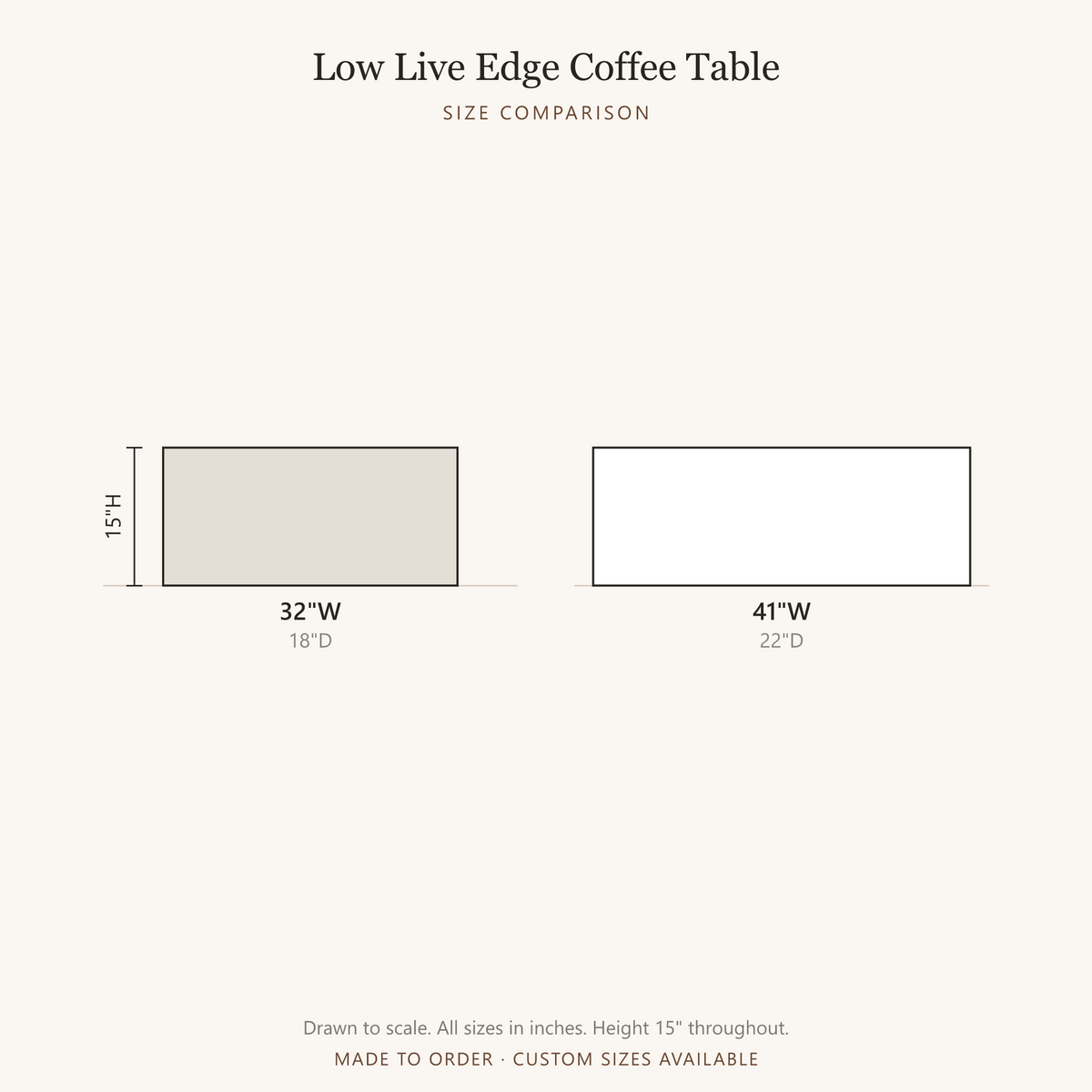 Minimalist Coffee Table Low Live Edge - size comparison, all available sizes drawn to scale