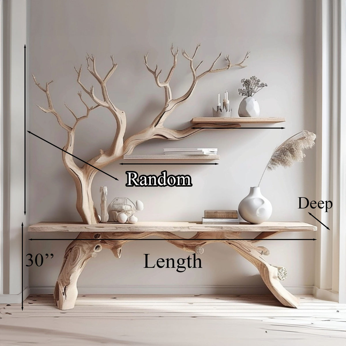 Farmhouse Console Table with Tree Branch Bookshelf, solid wood, built to order