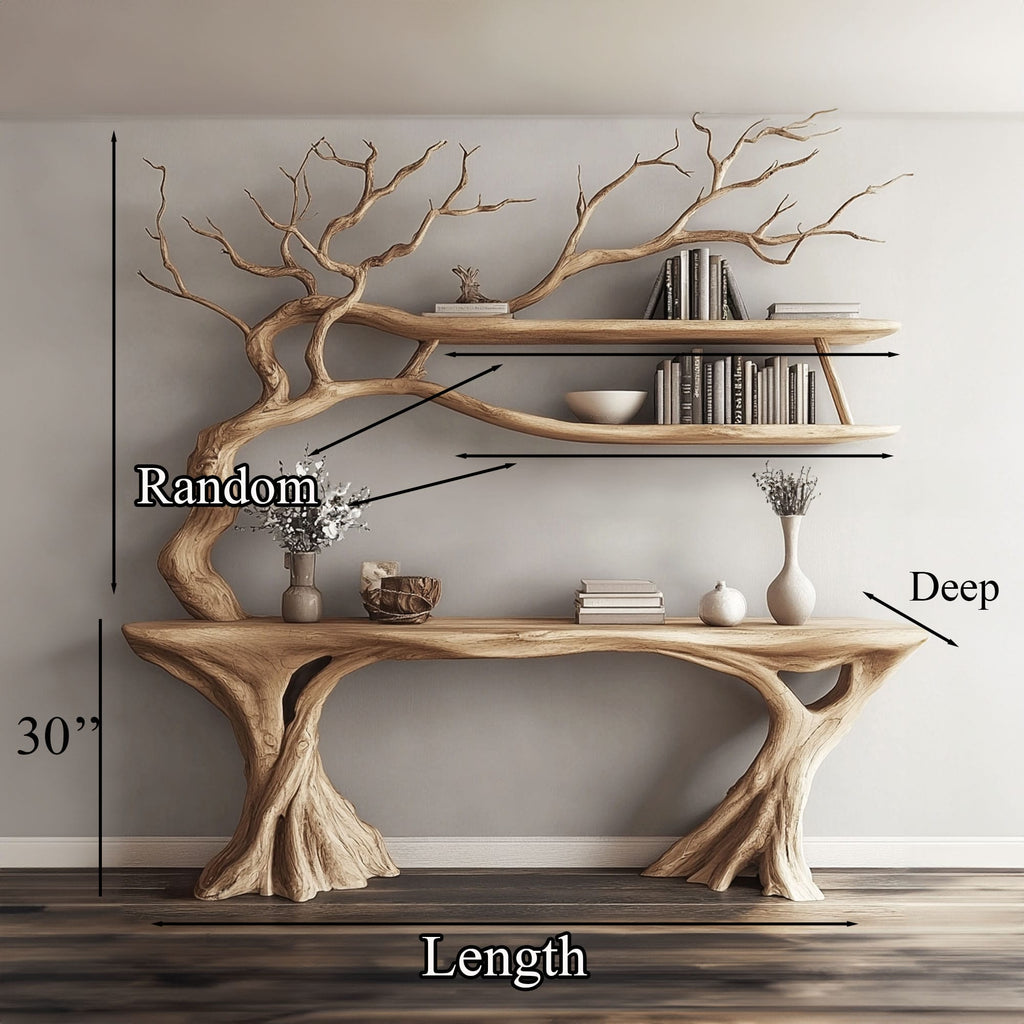 Console Narrow Table with Tree Branch Bookshelf, solid wood, built to order