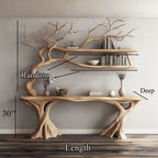 Console Narrow Table with Tree Branch Bookshelf, solid wood, built to order