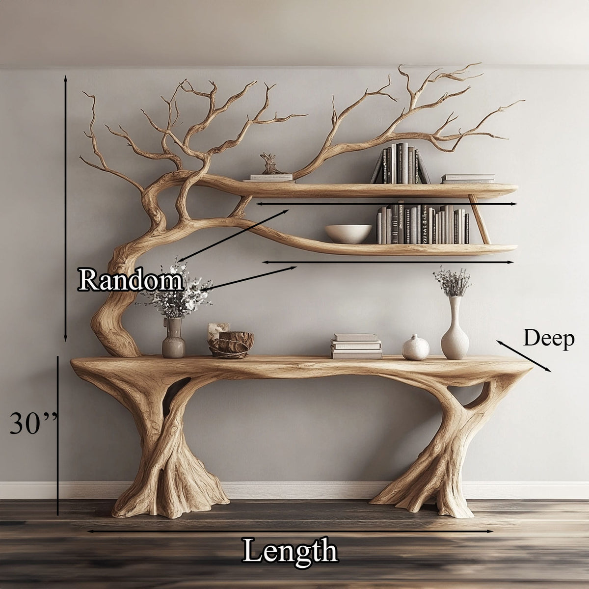 Console Narrow Table with Tree Branch Bookshelf, solid wood, built to order
