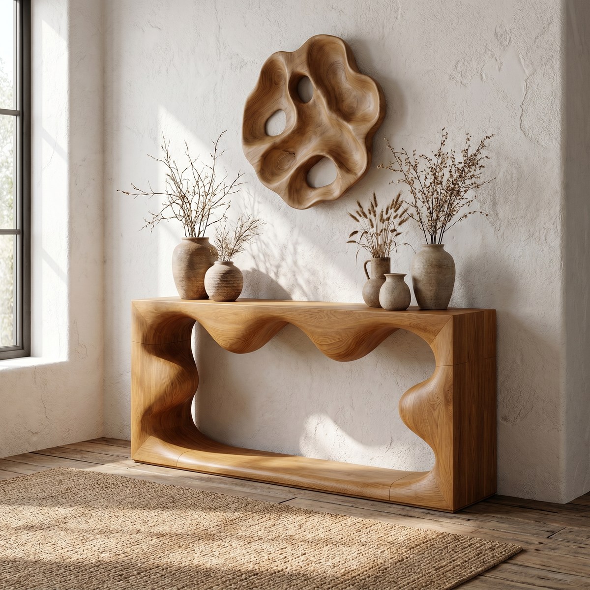 Midcentury Curved Console Table Living Room, solid wood, built to order