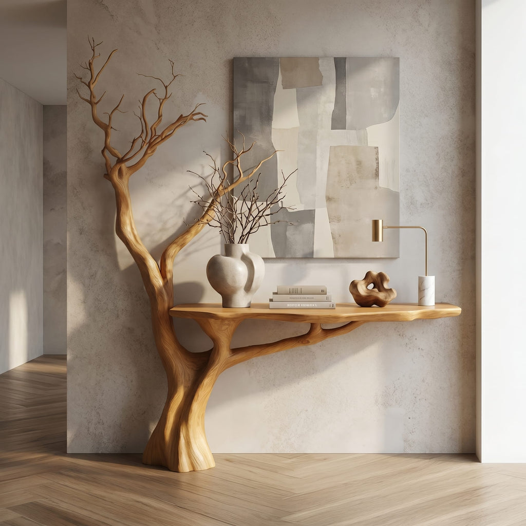 Rustic Console Table Sculpted Tree Hallway Entrance, solid wood, built to order