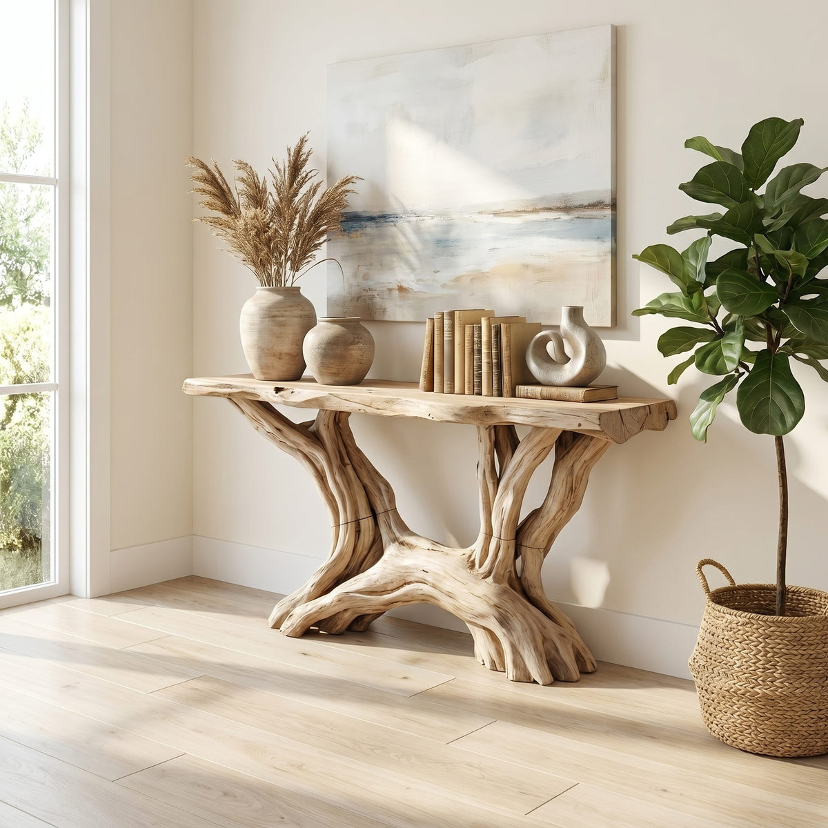 Coastal Organic Console Table Living Room and Entryway, solid wood, built to order