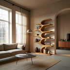 Artistic Curved Bookshelf Fluid Lines Statement, solid wood, built to order