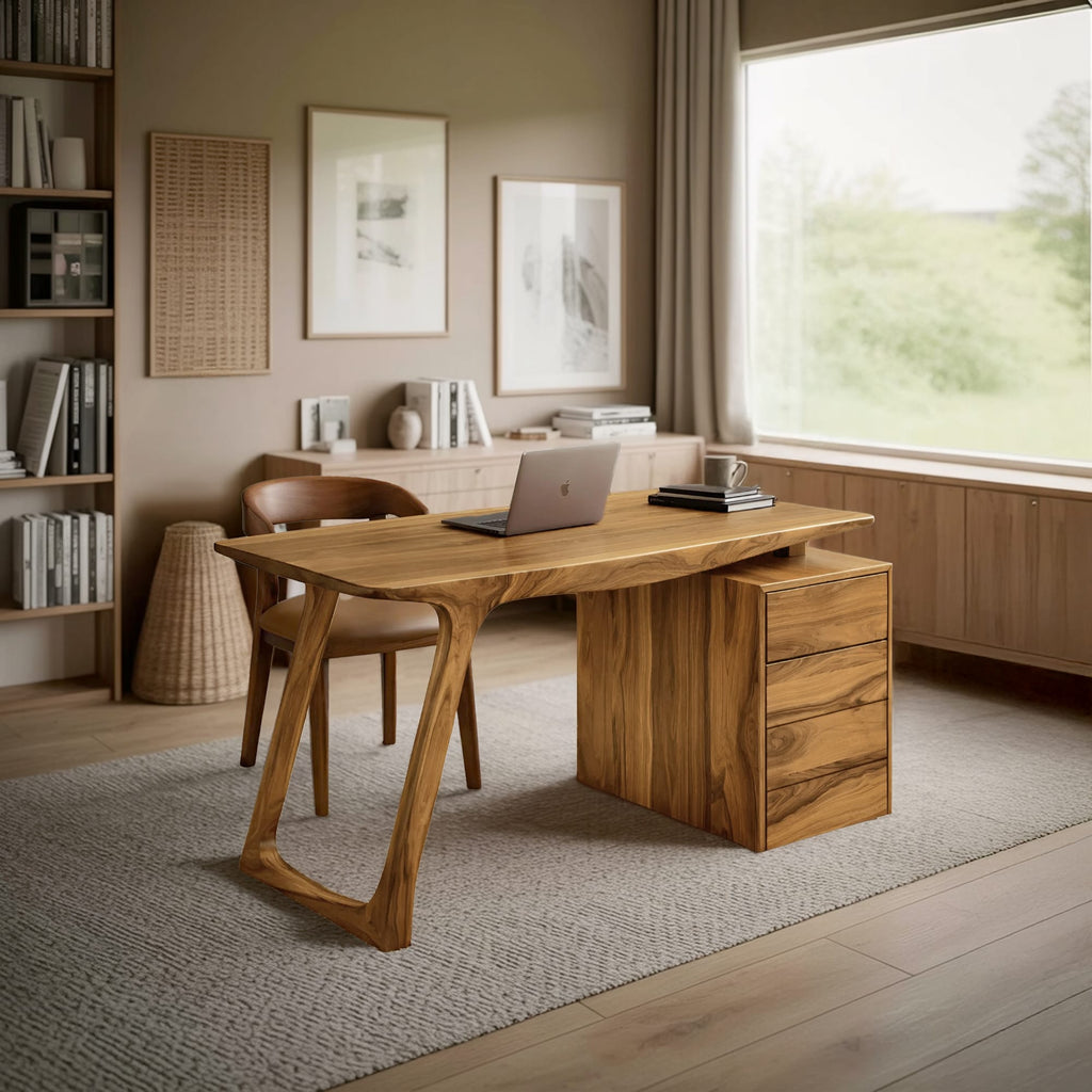 Contemporary Live Edge Office Desk with Storage Cabinet, solid wood, built to order