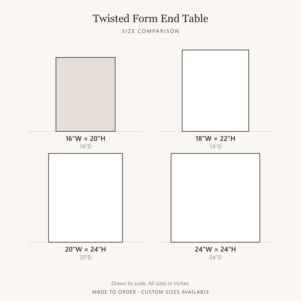 Organic Twisted End Table Villa Living Room - size comparison, all available sizes drawn to scale