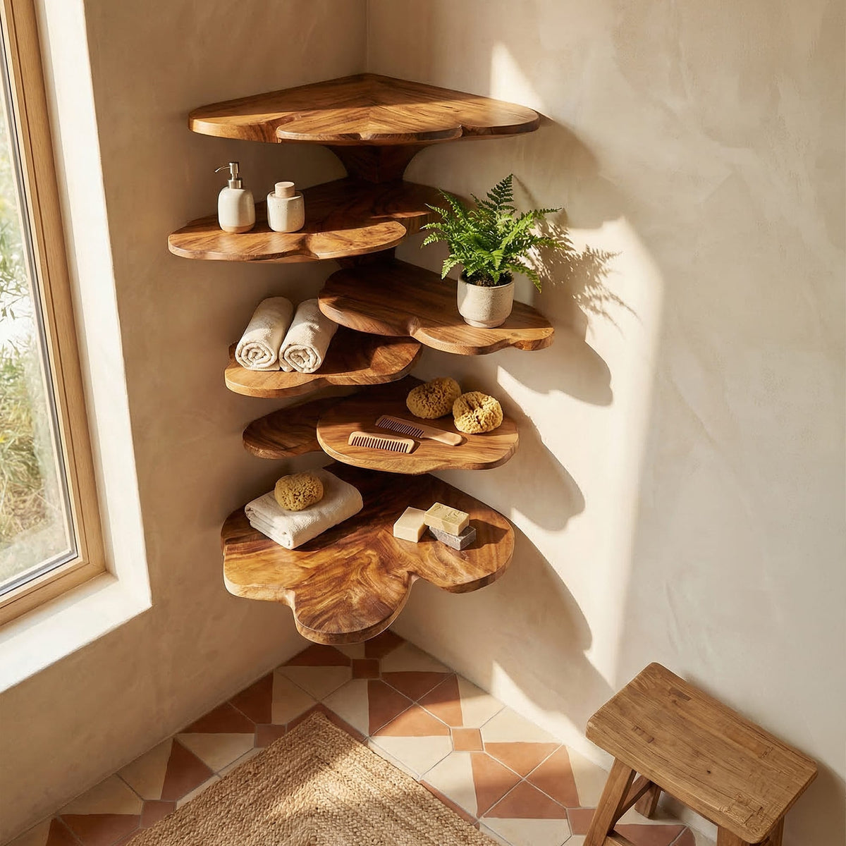 Boho Leaf Shaped Wooden Corner Shelf, solid wood, built to order