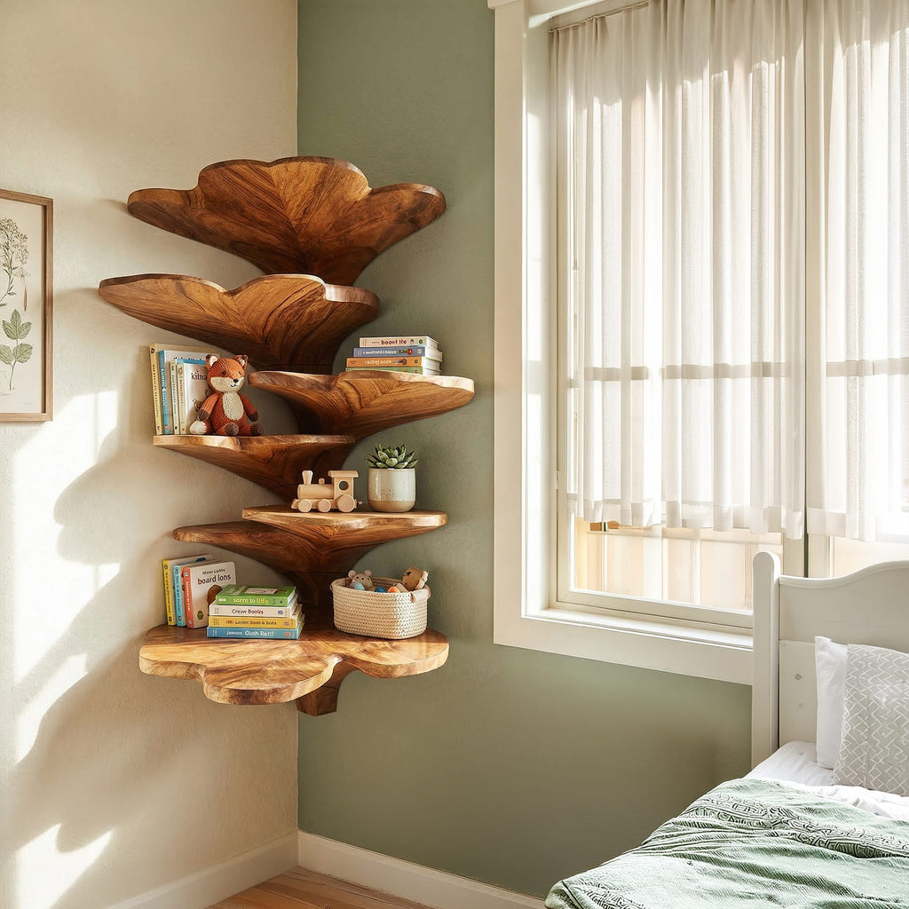 Boho Leaf Shaped Wooden Corner Shelf, solid wood, built to order