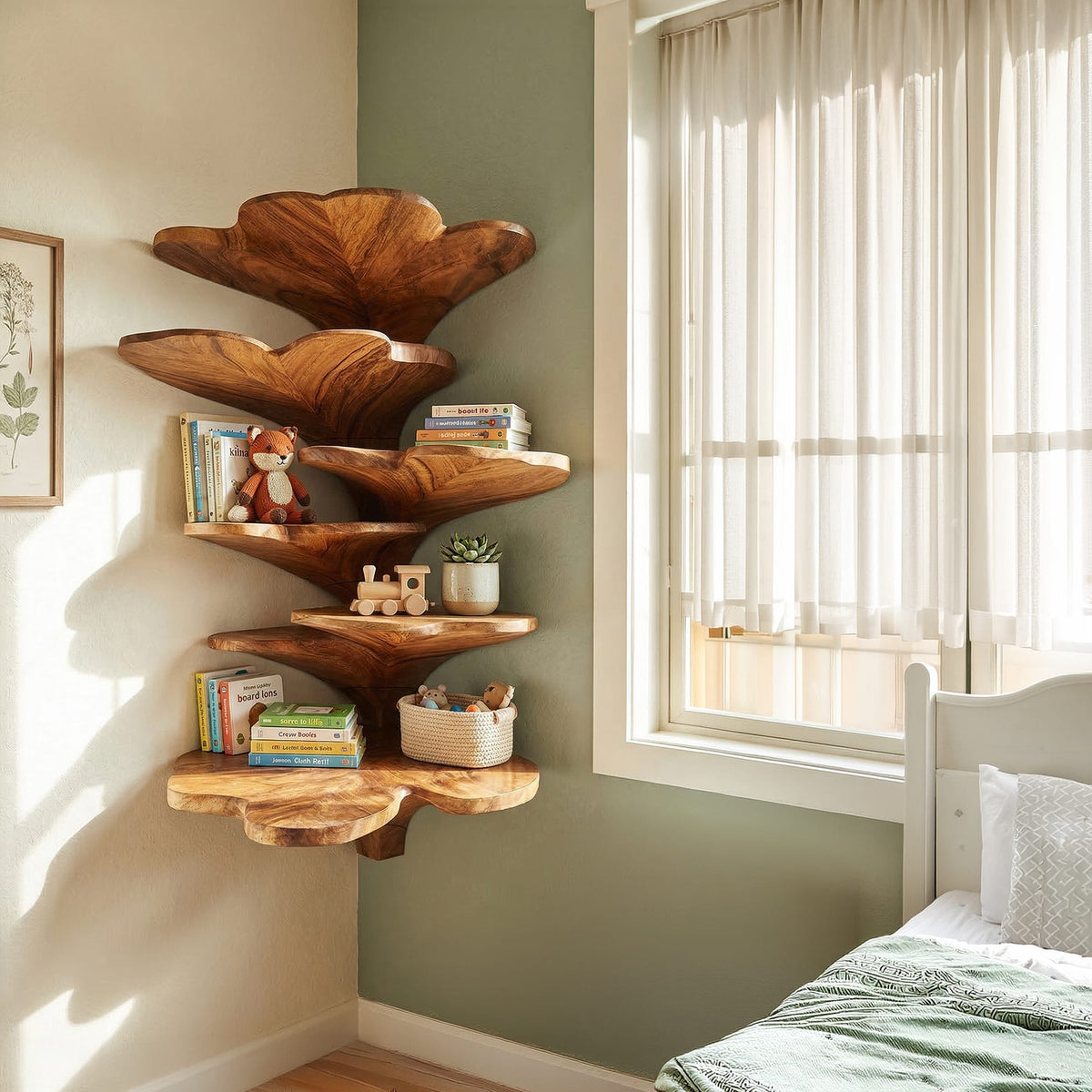 Boho Leaf Shaped Wooden Corner Shelf, solid wood, built to order