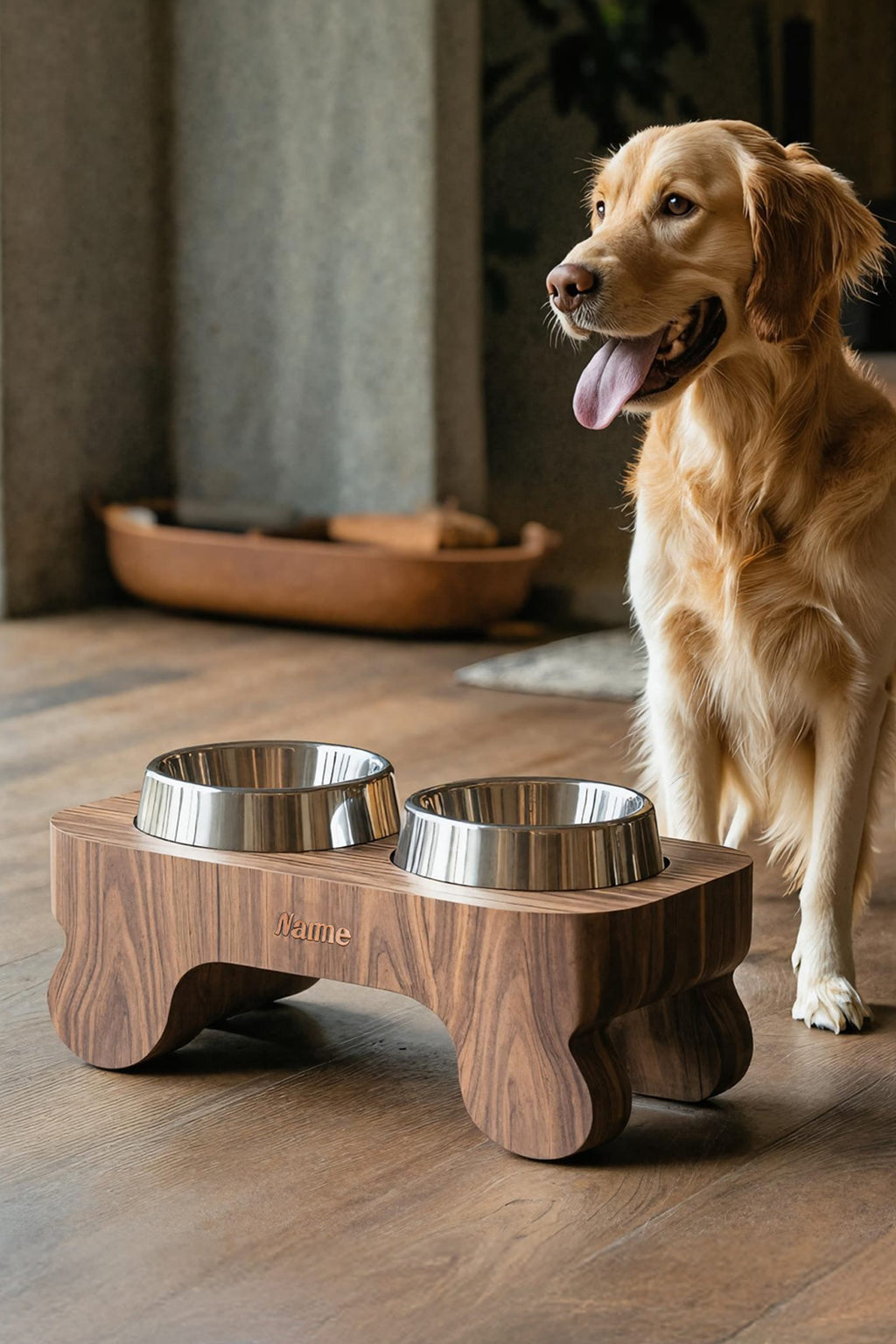 Mid Century Dog Feeder Stand for Pet Food Storage, solid wood, built to order