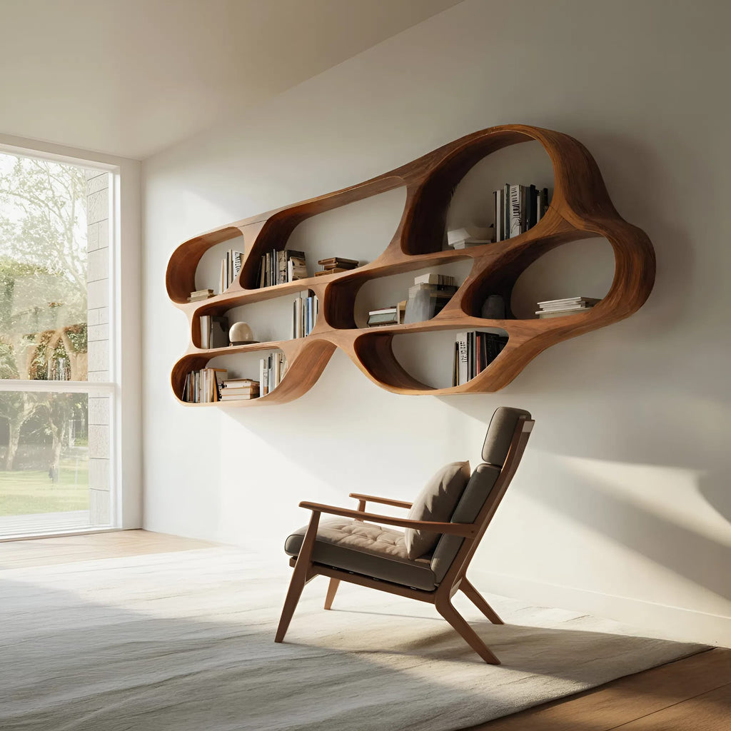 Organic Wall Bookcase for Bedroom Interior Design, solid wood bookcase