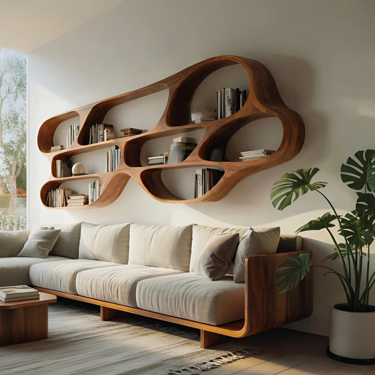 Organic Wall Bookcase for Bedroom Interior Design, solid wood bookcase