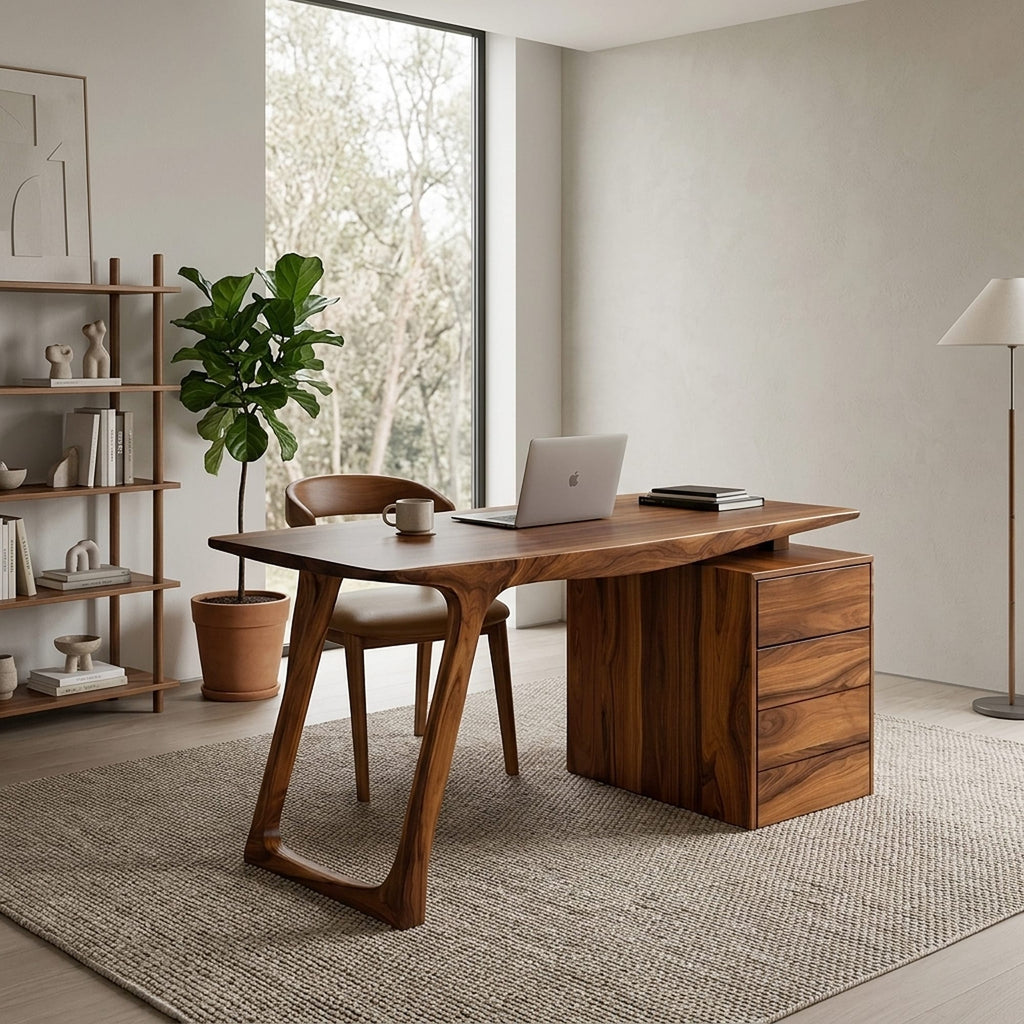 Contemporary Live Edge Office Desk with Storage Cabinet, solid wood, built to order