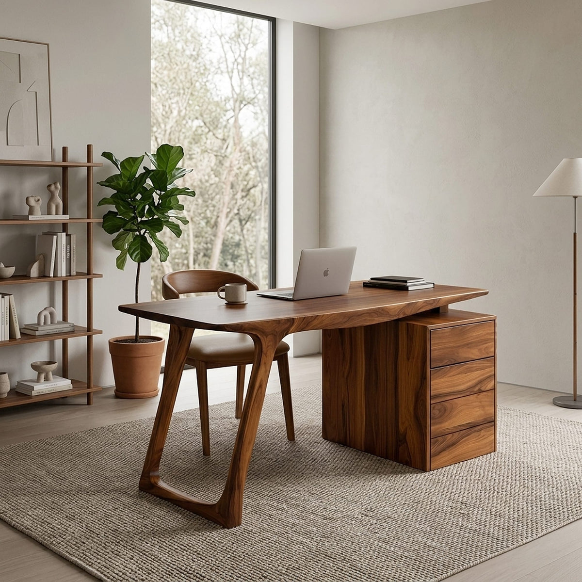 Contemporary Live Edge Office Desk with Storage Cabinet, solid wood, built to order