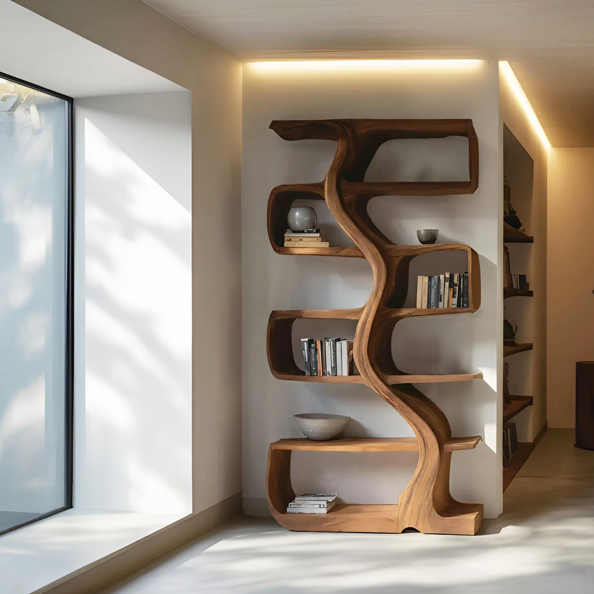 Organic Sculptural Bookshelf with Wavy Design, solid wood, built to order, view 3