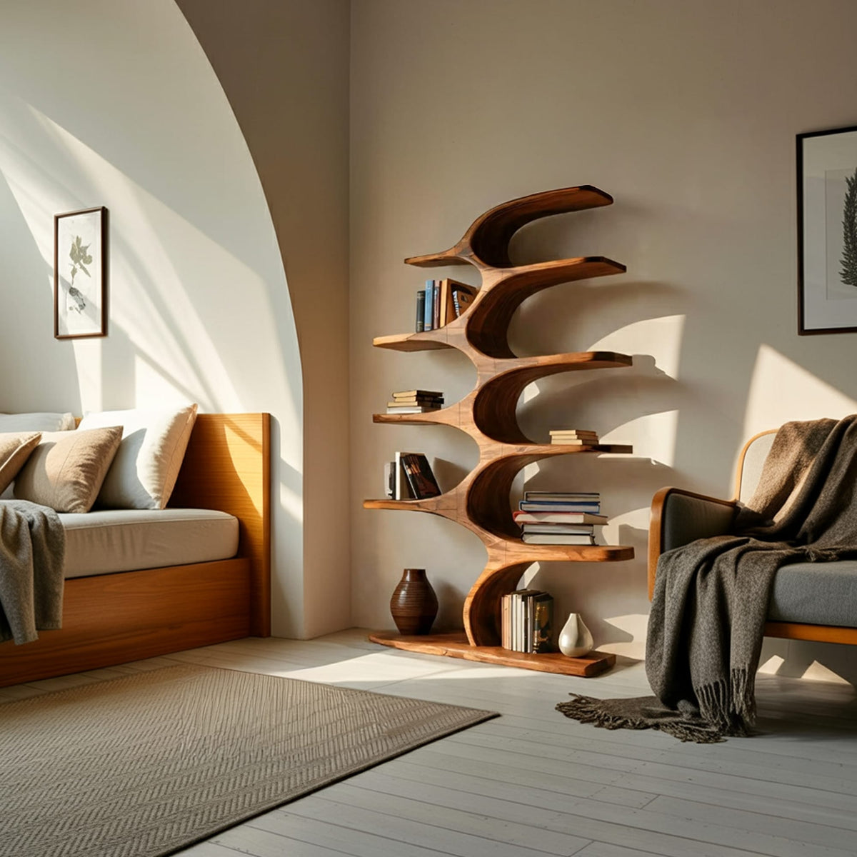 Artistic Curved Bookshelf Fluid Lines Statement, solid wood, built to order
