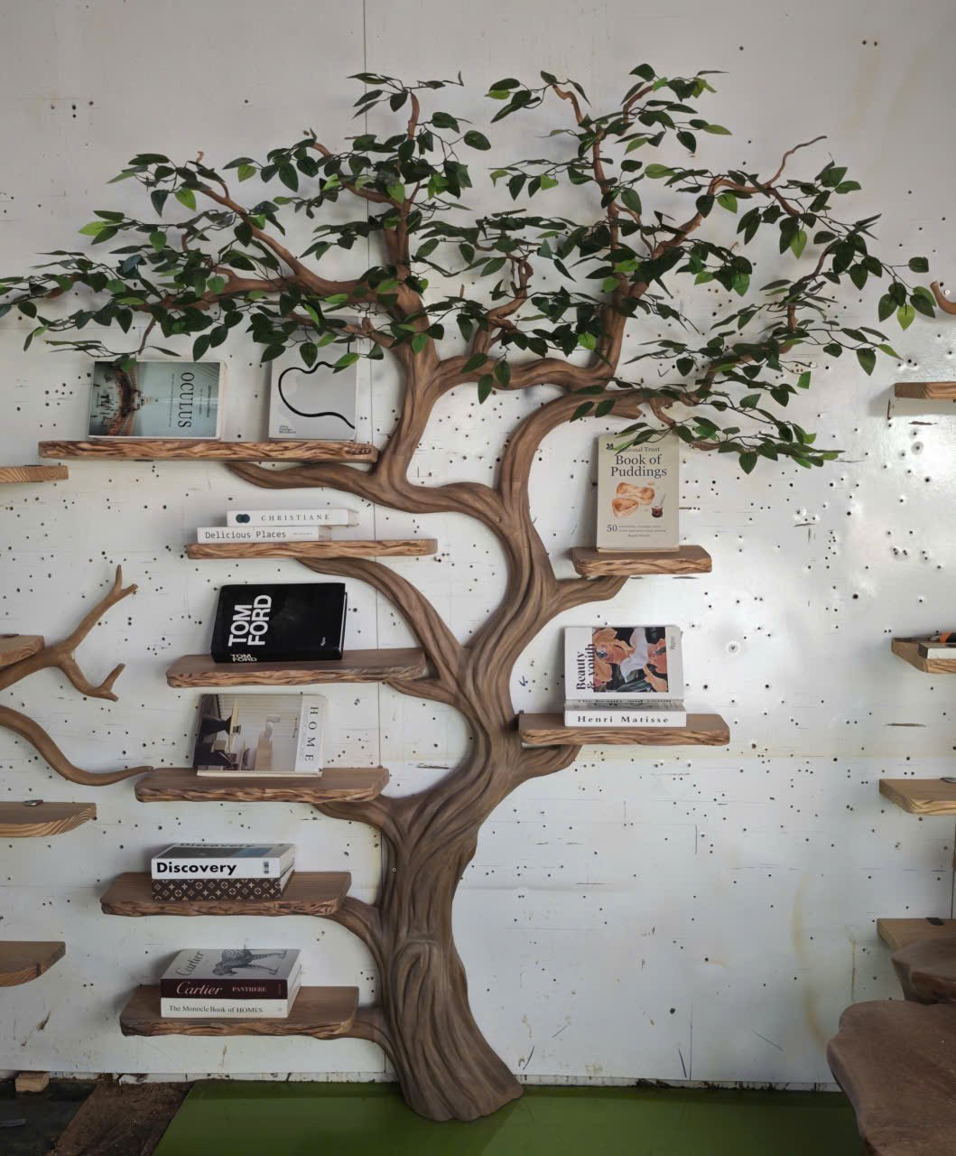 Handcrafted Tree Bookshelf Living Room Interior Sculptural Wall Display, solid wood, built to order