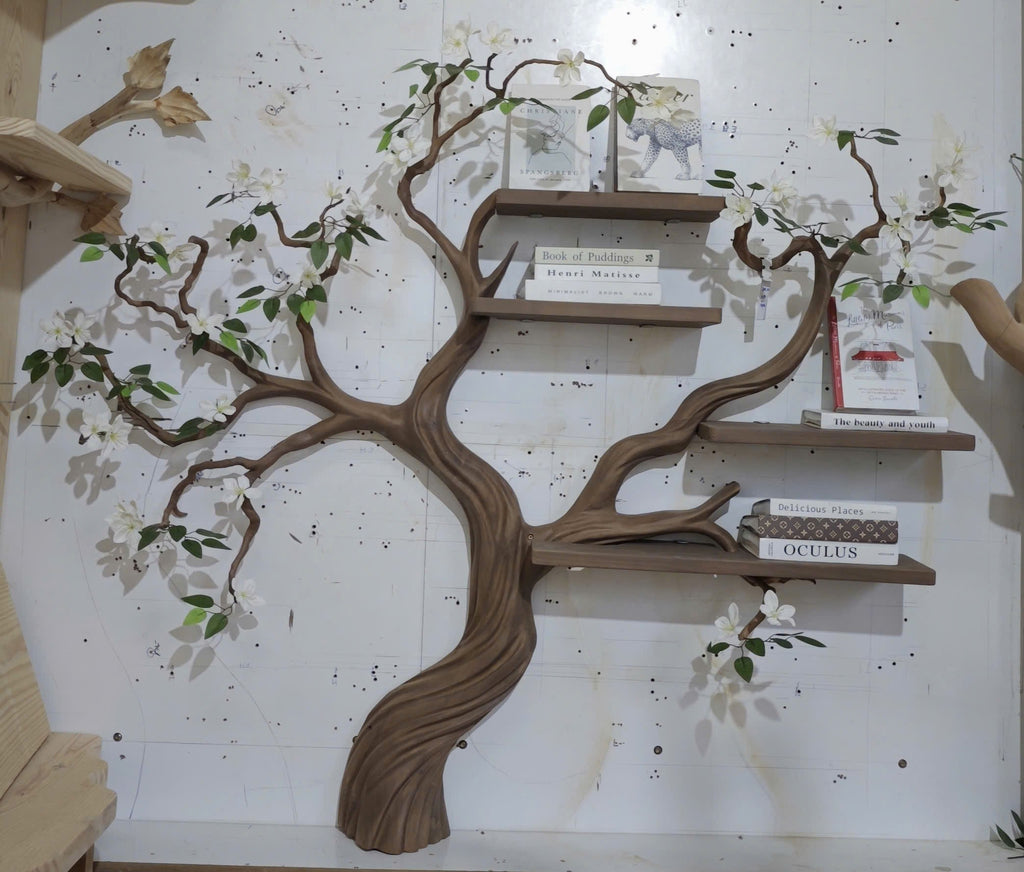 Rustic Tree Bookshelf Living Room Interior Signature Curved Design, solid wood, built to order