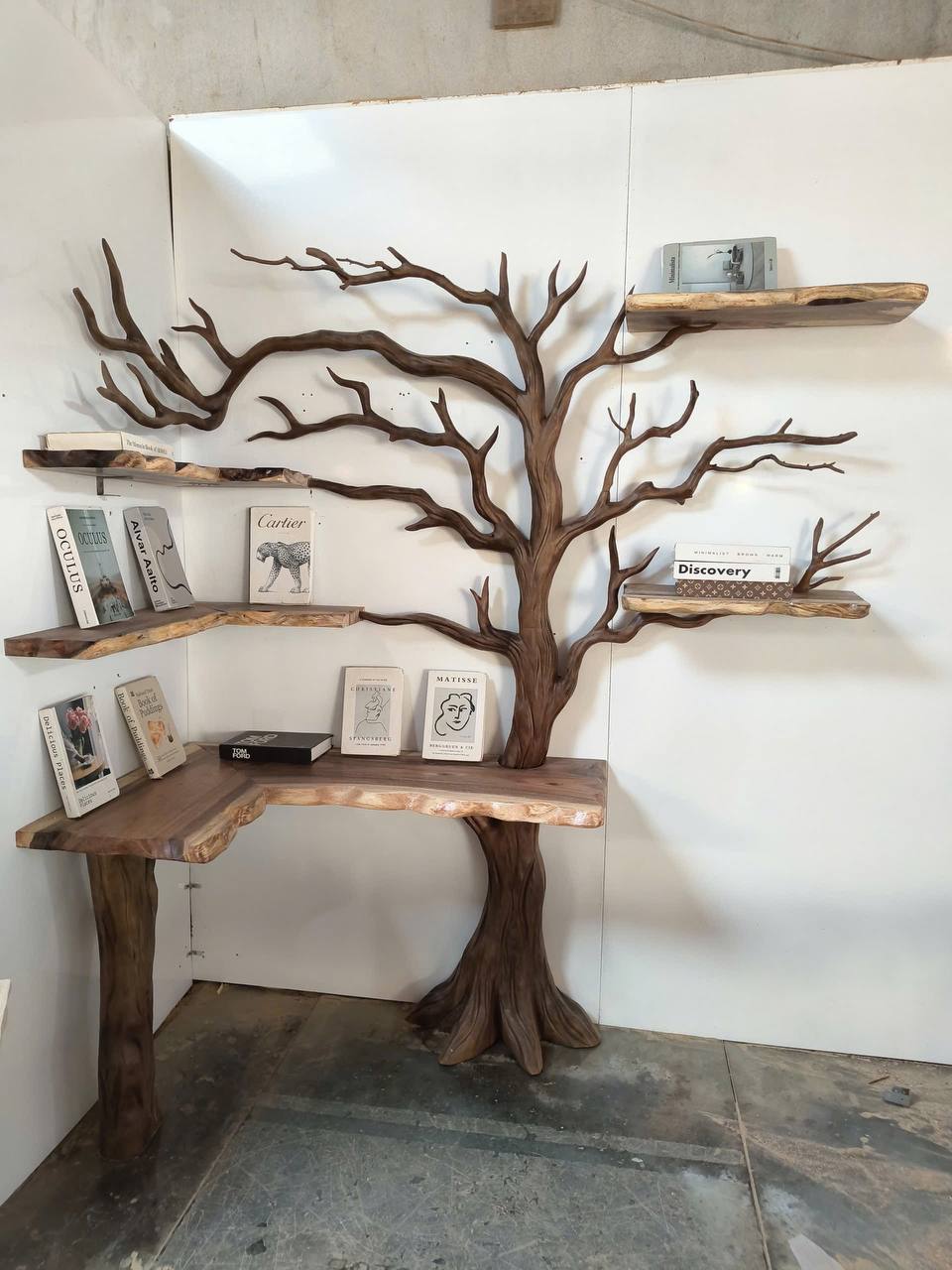 Rustic Twin Tree Bookshelf with Bench Living Room Interior Centerpiece, solid wood, built to order