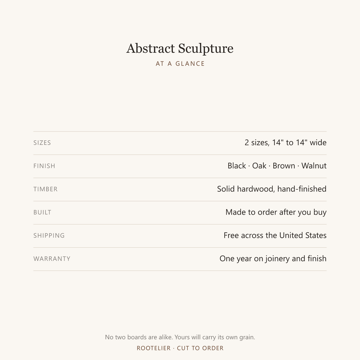 Abstract Sculpture - at a glance: sizes, finishes, lead time and warranty