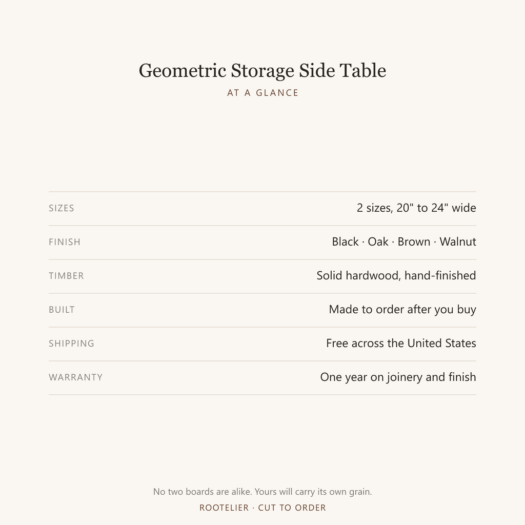 Geometric Storage Side Table - at a glance: sizes, finishes, lead time and warranty